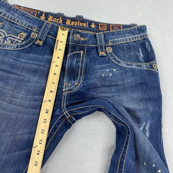 Rock Revival Jeans Mens 36 Blue Denim Pant Paul Straight Flap Pockets Distressed - Picture 14 of 16